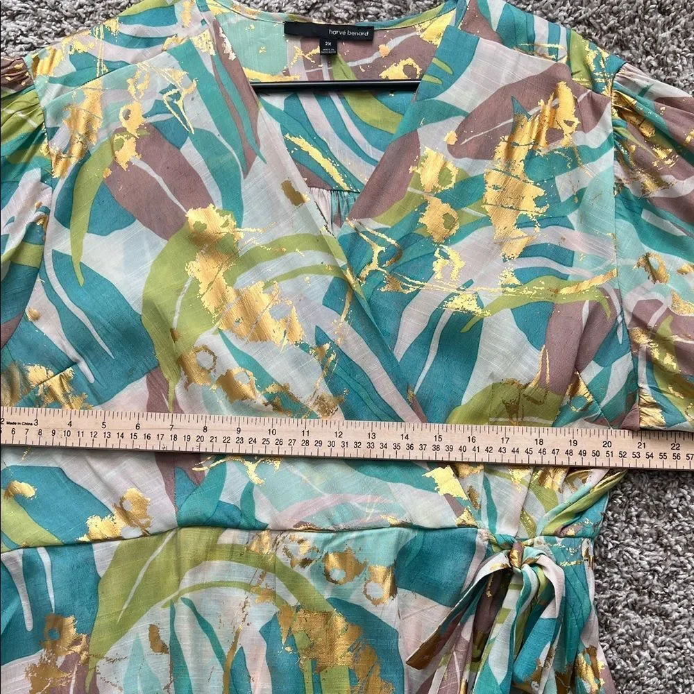 Like New! Harve Bernard Elegant Multicolor Faux Wrap Tie Front Blouse in 2X